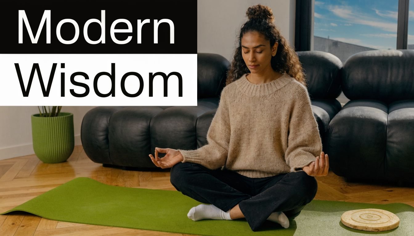 A young woman in a beige sweater practicing meditation in a lotus position on a green yoga mat.