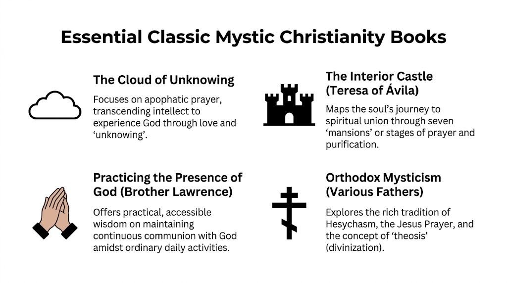 A list of four essential classic mystic Christianity books with descriptions and accompanying icons for each.