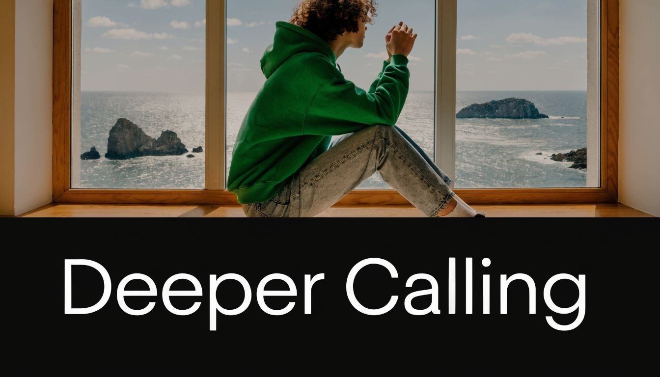 A person sitting by a large window looking out at the ocean in a reflective, peaceful pose.