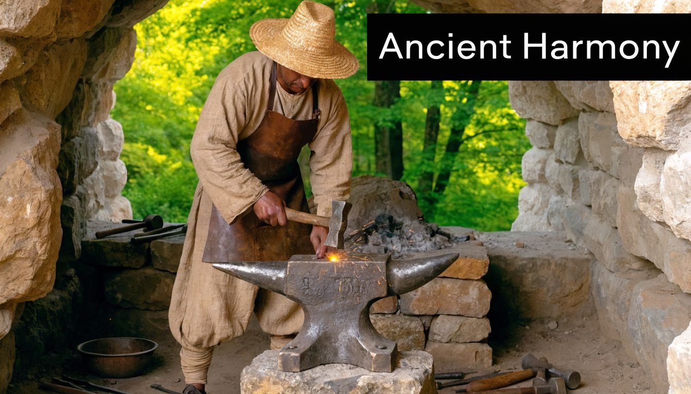 A blacksmith in traditional clothing strikes hot metal on an anvil inside a stone workshop.