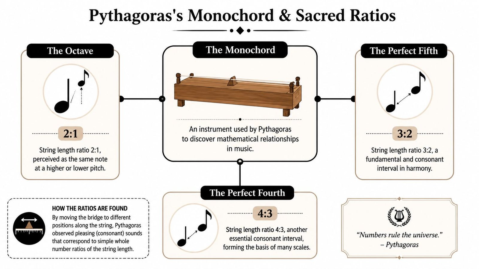 An infographic titled Pythagoras's Monochord & Sacred Ratios, illustrating fundamental musical intervals and their mathematical ratios.