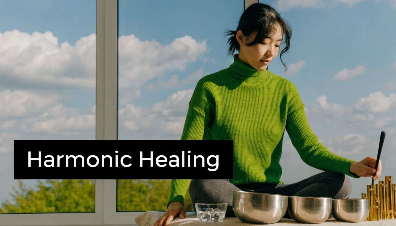 A woman in a green sweater plays a sound healing instrument near a window with a sky view.