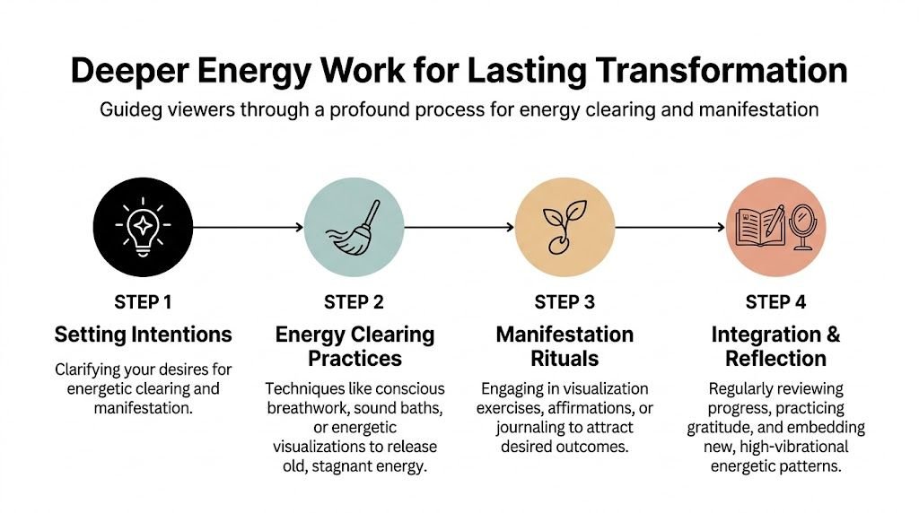 A four-step infographic illustrating a process for energy clearing and manifestation to raise your vibration.