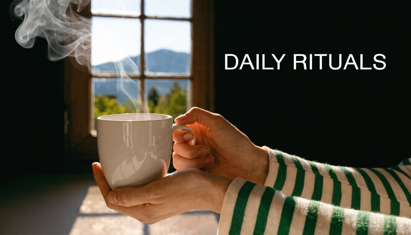 A person holding a steaming white mug of coffee in front of a bright sunny window.
