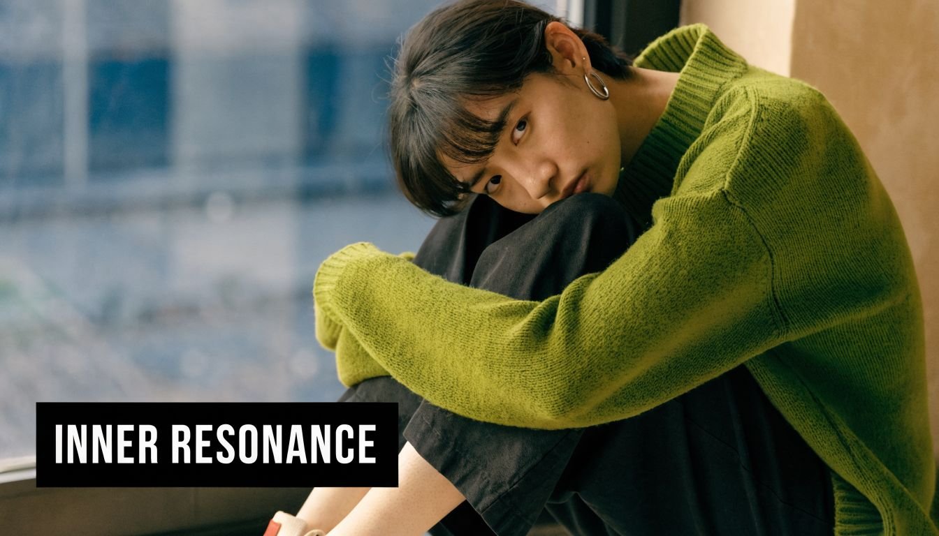 A young person with a bright green sweater sitting thoughtfully by a large window.