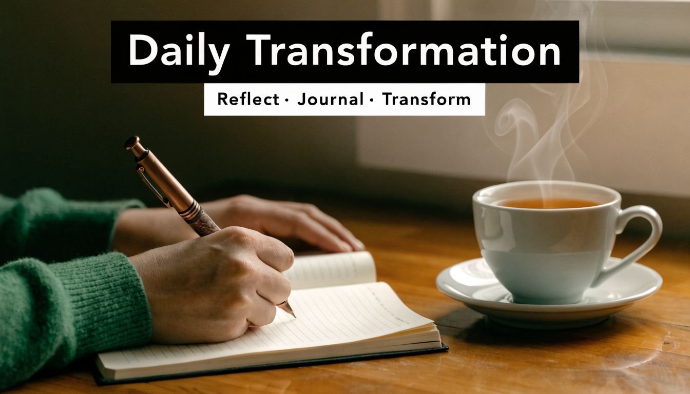 A person in a green sweater writing in a journal next to a steaming cup of tea.