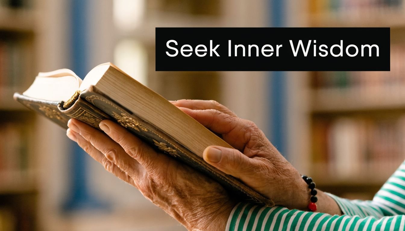 An older person with a beaded bracelet holding an antique open book in a library setting.