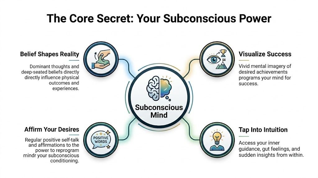 A diagram illustrating the four core methods for harnessing the power of your subconscious mind for success.