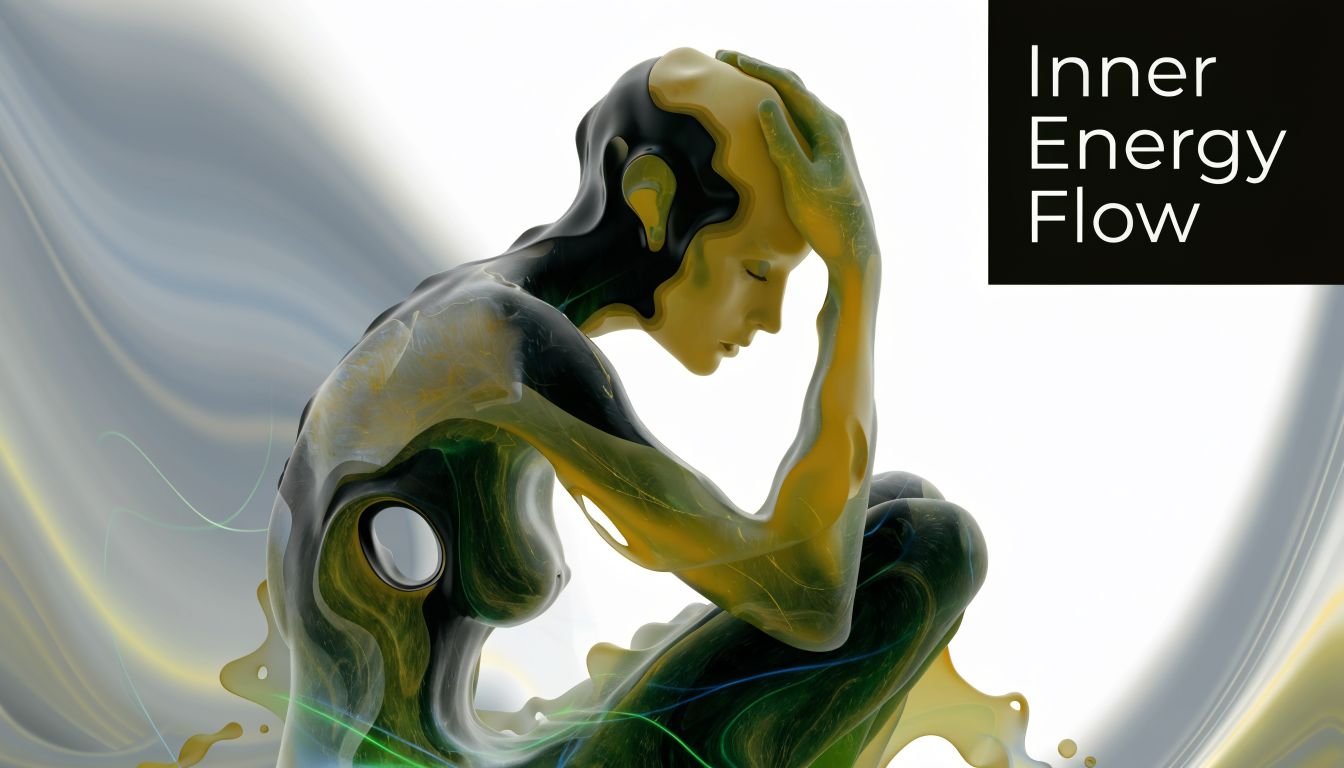 A 3D abstract sculpture of a person in a meditative pose representing inner energy flow and transformation.