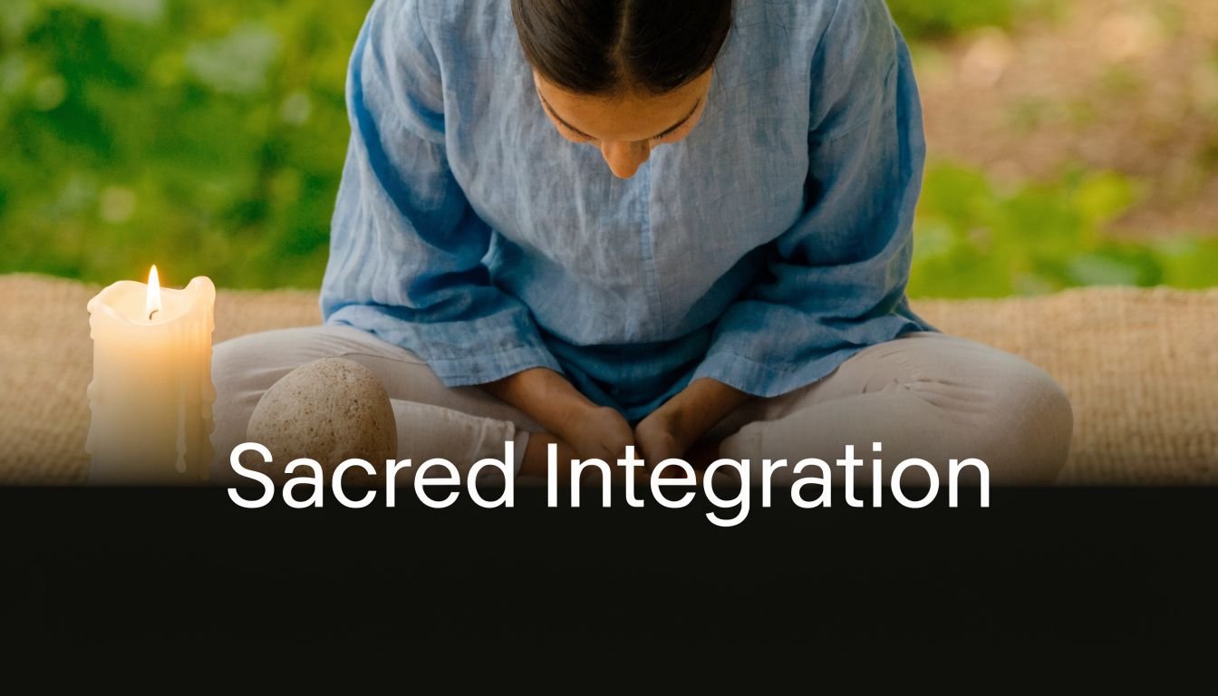 A person sitting in a meditative pose with a lit candle and stone in nature.