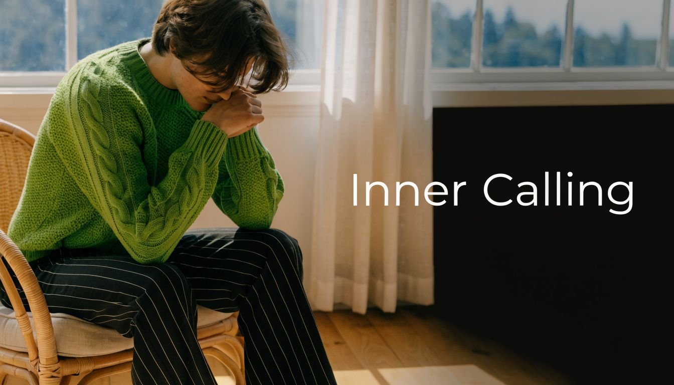 A contemplative young person in a vibrant green sweater sitting thoughtfully in a chair indoors.