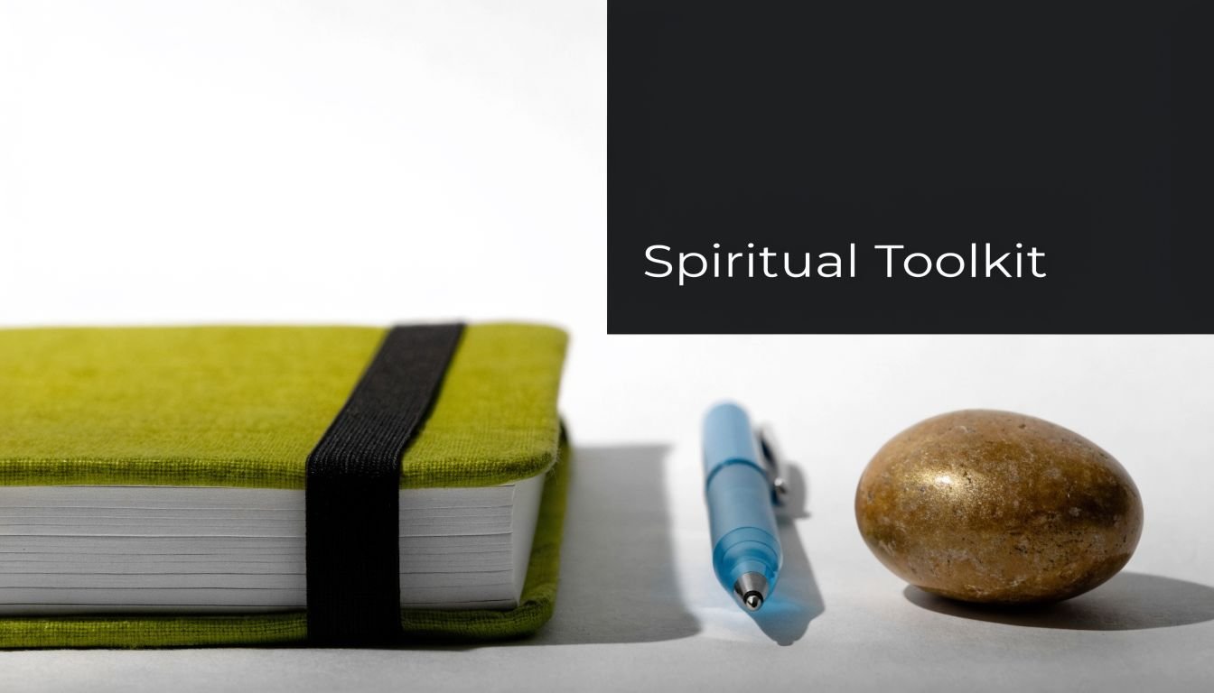 A green journal, a blue pen, and a gold stone placed on a white surface.