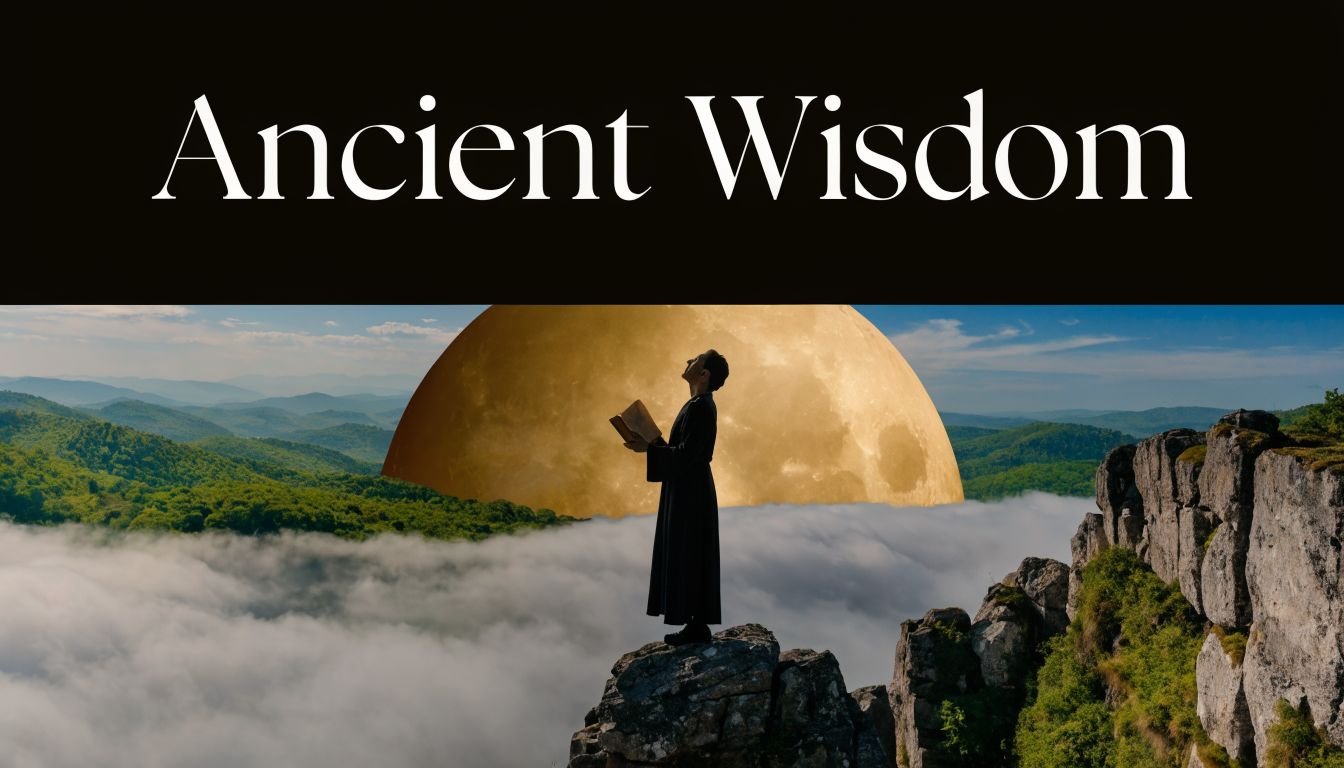 A person in a robe stands on a rocky cliff holding a book beneath a large moon.