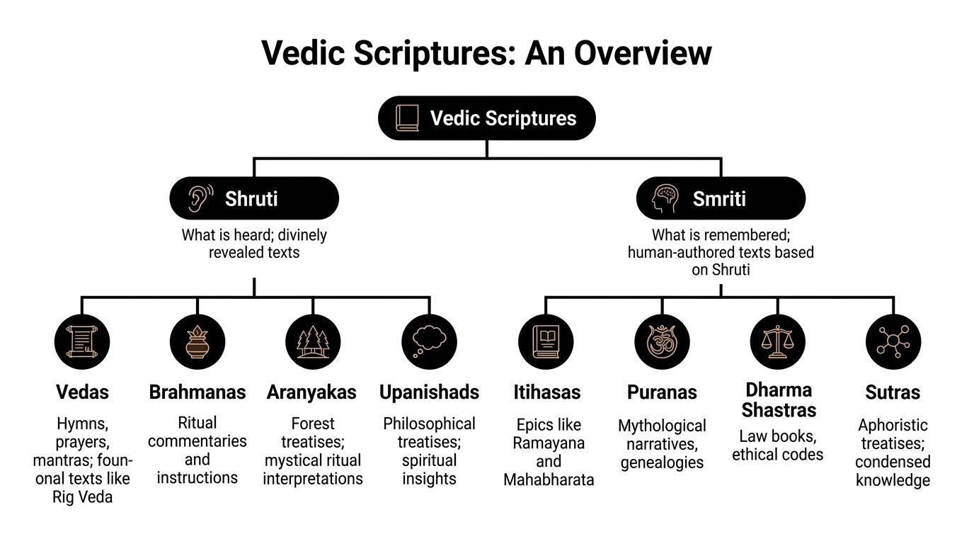 A hierarchical flowchart showing the categorization of Vedic scriptures into Shruti and Smriti branches with descriptions.