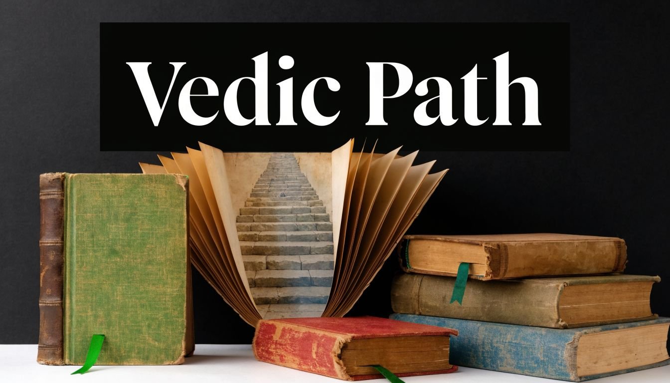 Several vintage books arranged on a table with a central open book displaying stairs leading upwards.