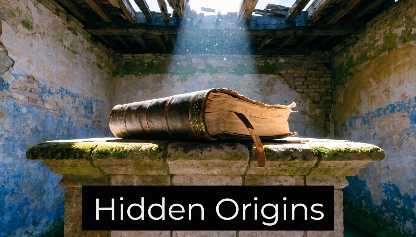 An ancient leather-bound book lies open on a stone altar in a decaying, sunlit stone room.