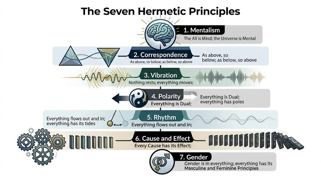 A diagram illustrating the seven Hermetic principles including mentalism, correspondence, vibration, polarity, rhythm, cause and effect, and gender.
