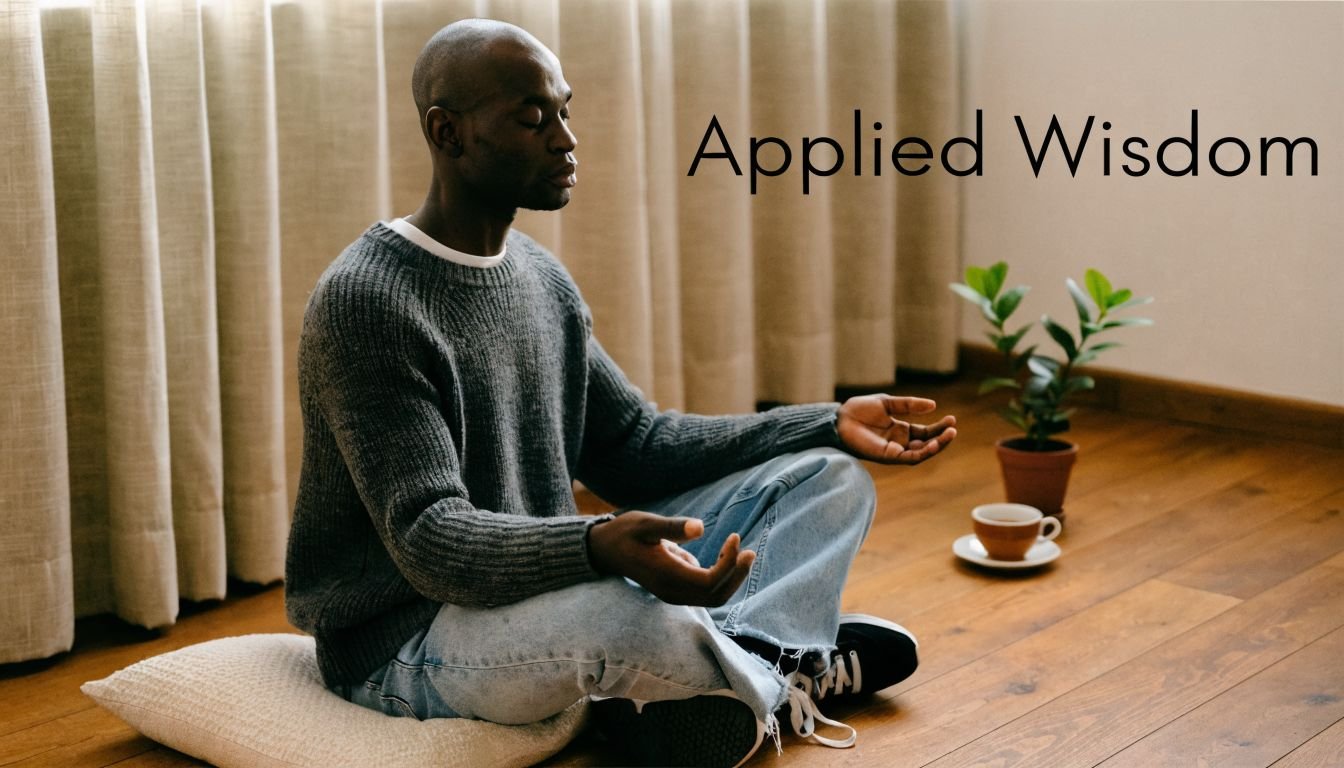 A man in a grey sweater meditates on a cushion in front of curtains with text overlay.