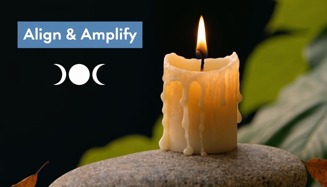 A lit candle sits on a flat stone with a Triple Moon symbol and text Align and Amplify.