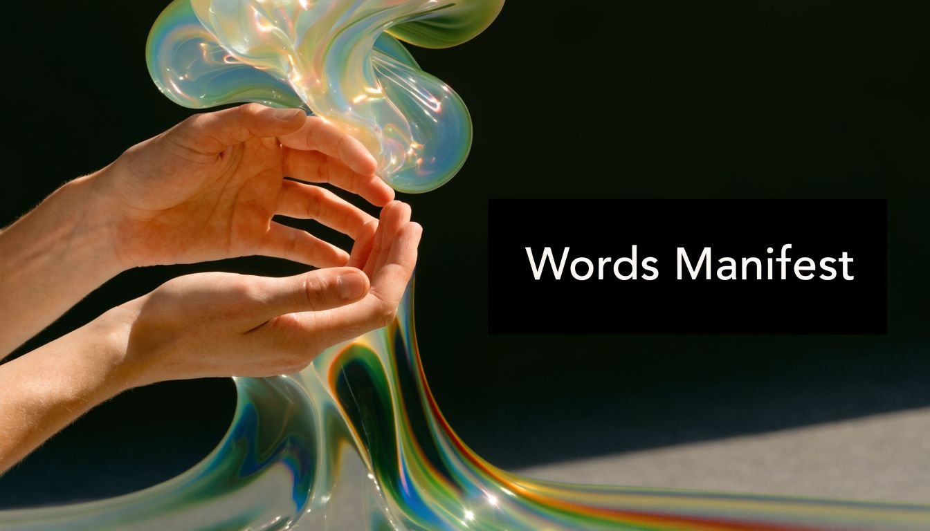 A pair of hands cradling a flowing, iridescent, liquid-like glass sculpture against a dark background.