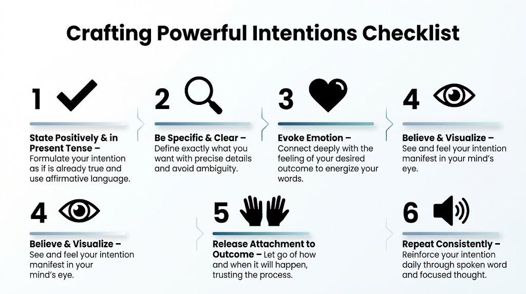 A six-step infographic titled Crafting Powerful Intentions Checklist, featuring icons for positive thinking, focus, emotion, visualization, and consistency.