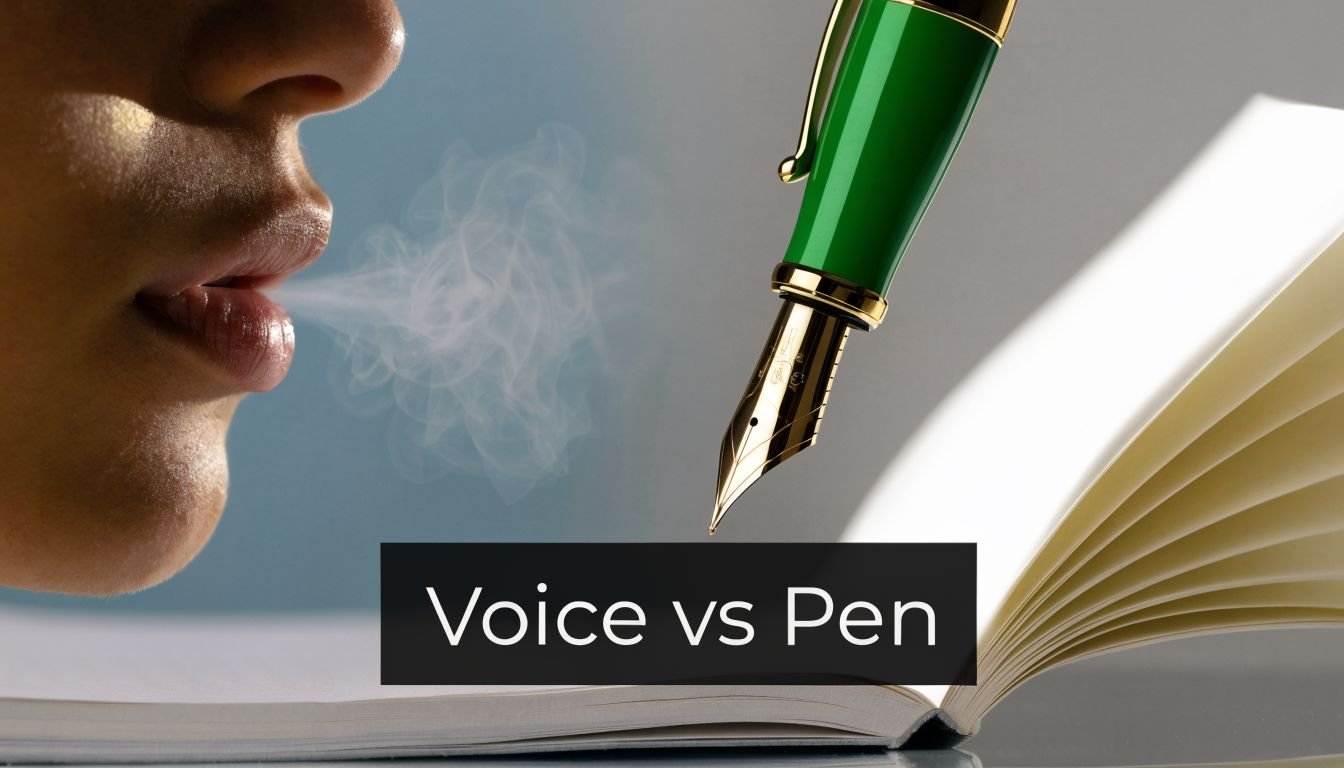 A conceptual image showing a person exhaling onto a book beside a golden fountain pen, representing storytelling.