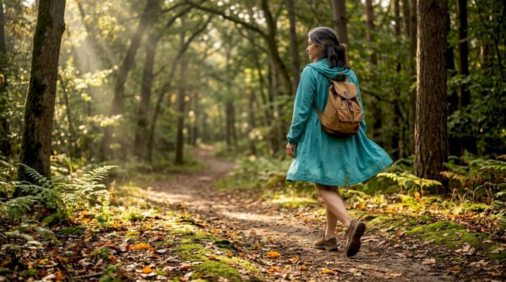 Person walking mindfully in forest