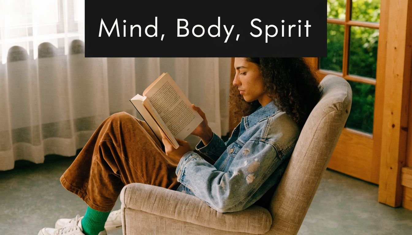 A young woman sitting in a cozy chair reading a book in a peaceful, sunlit room.