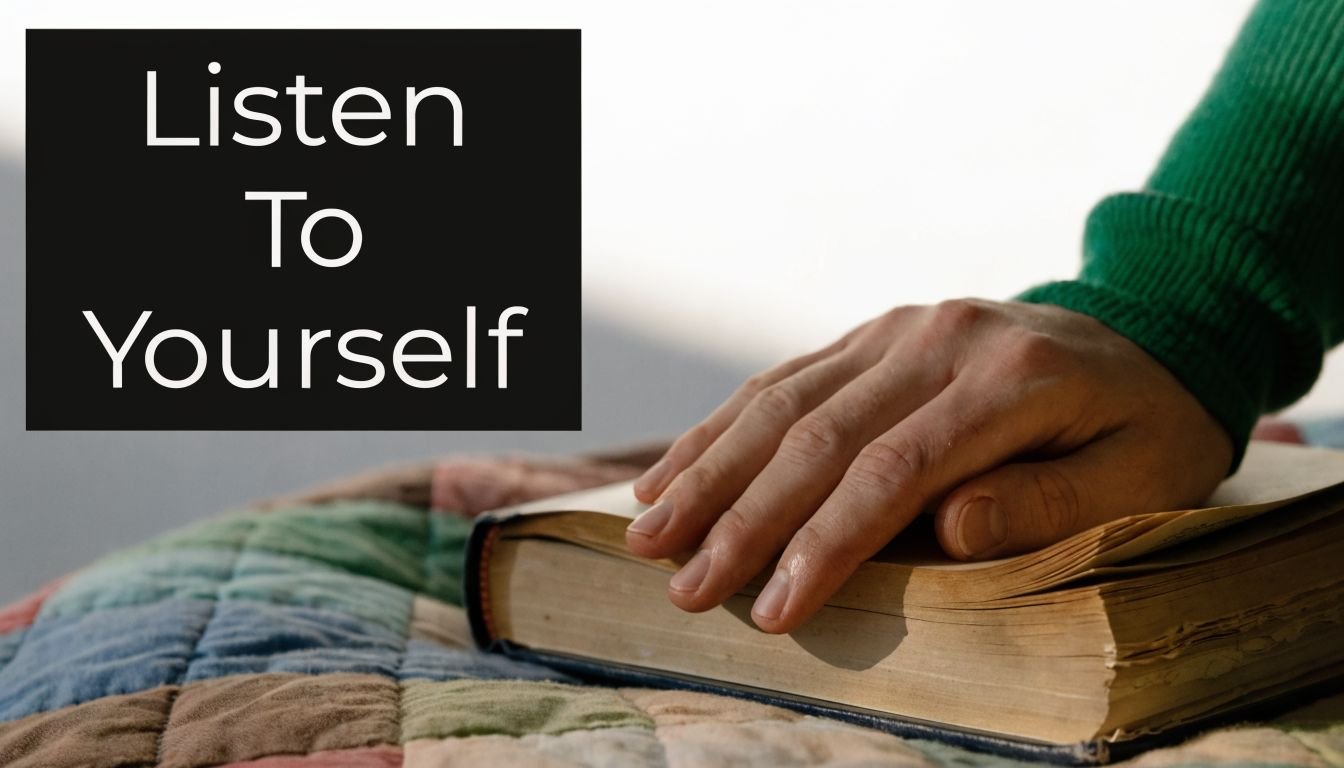 A hand rests gently on a closed book, symbolizing reflection and listening to one's own inner wisdom.