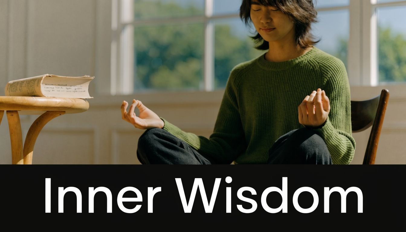A person with long hair sitting in a meditative pose next to a book on a side table.