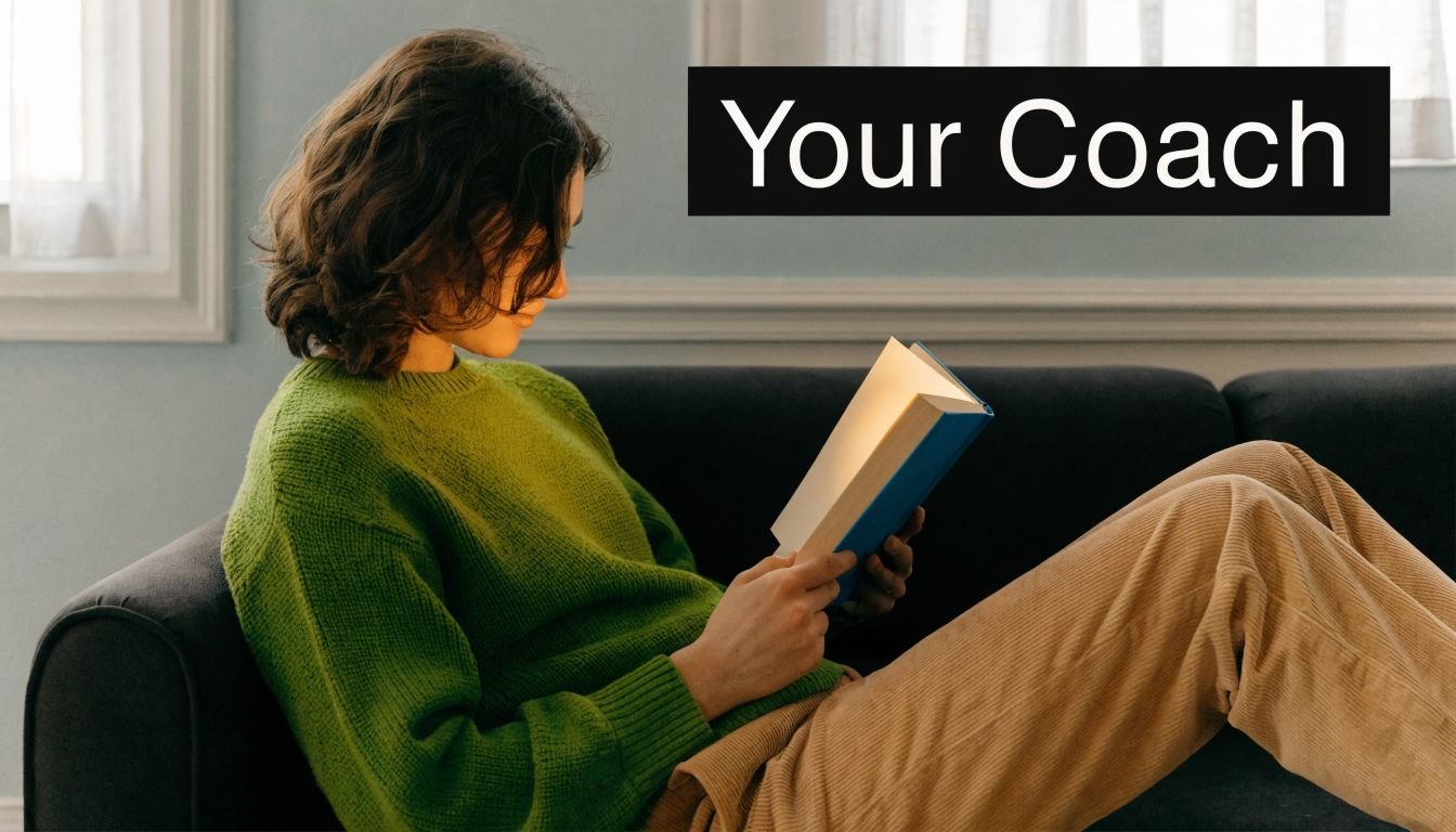A woman with wavy hair wearing a green sweater reading a book while relaxing on a couch.