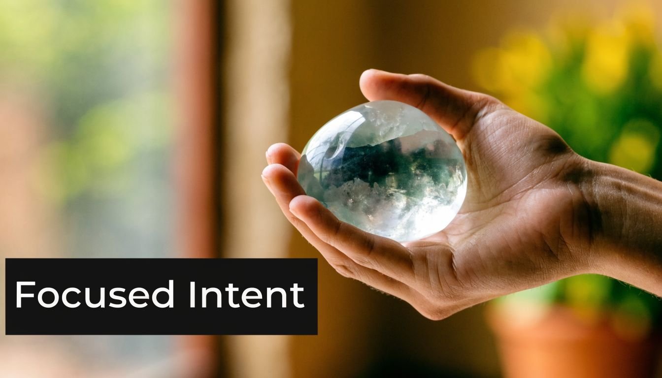 A person holding a clear crystal sphere in their hand with soft natural lighting in the background.