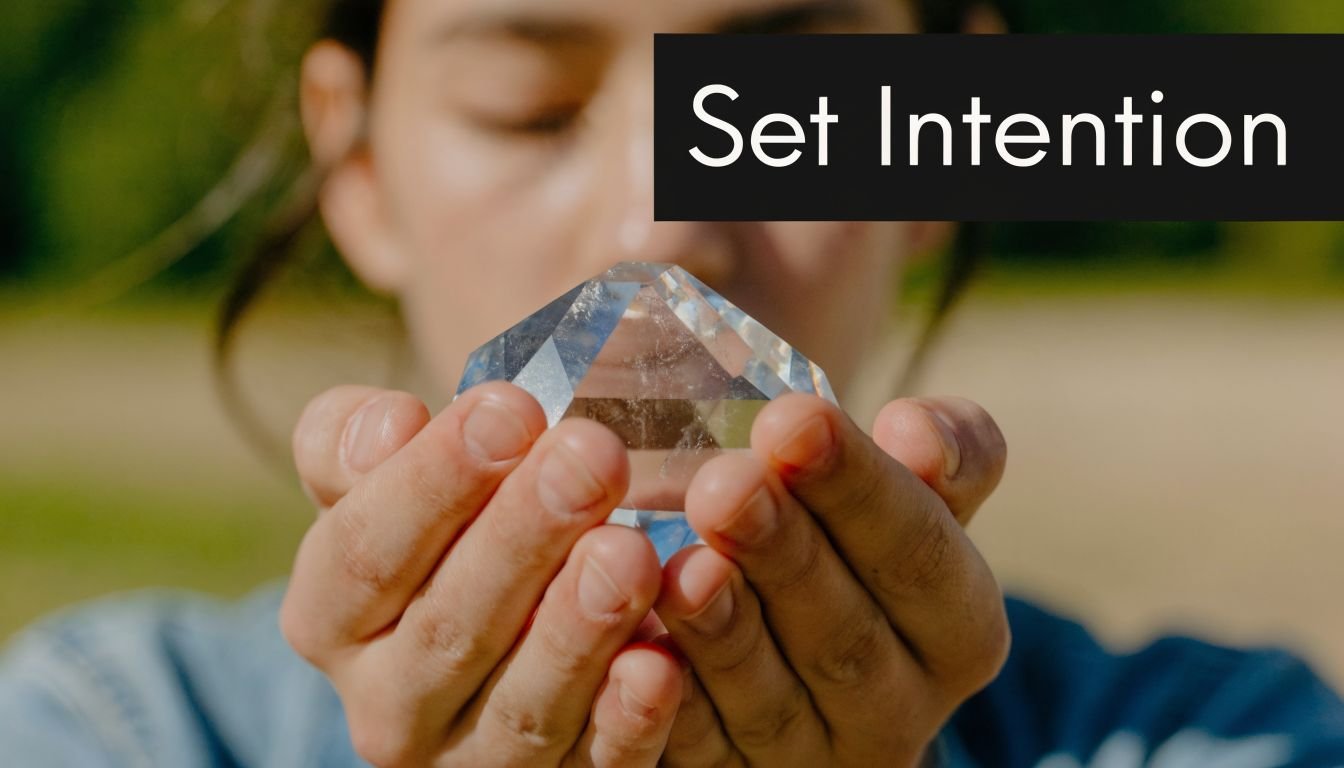 A person with eyes closed holding a clear crystal in their cupped hands with text Set Intention.