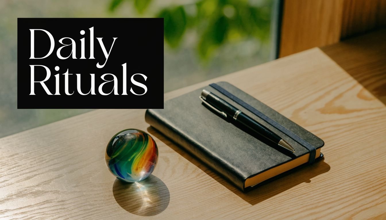 A black notebook with a pen and a colorful glass marble on a light wooden table.