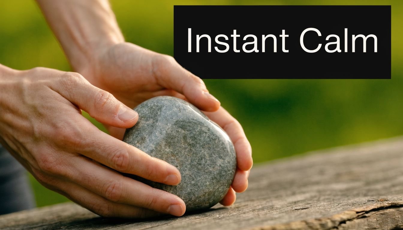 A person holding a smooth, calming stone on a wooden surface, symbolizing mindfulness and stress relief.