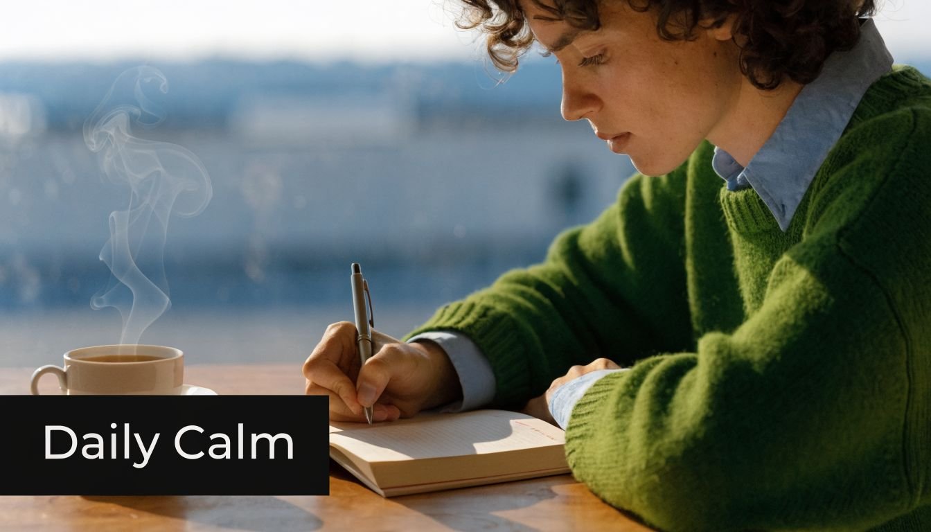 A young person writing in a notebook next to a steaming cup of coffee, creating a calm atmosphere.