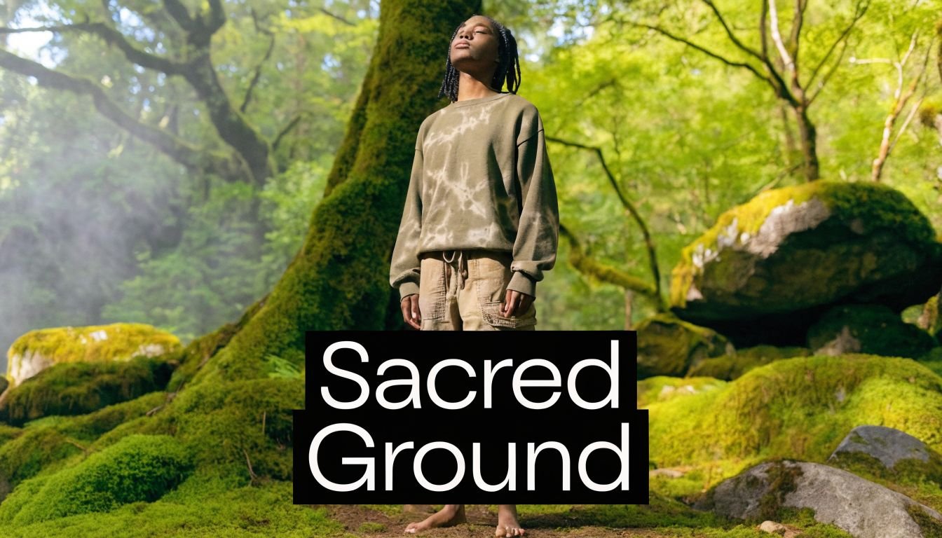 A person standing barefoot in a mossy, ethereal forest, eyes closed in a moment of peaceful connection.