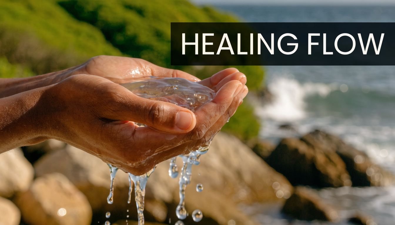 Cupped hands holding clear, flowing water against a blurred background of a rocky shoreline and ocean.
