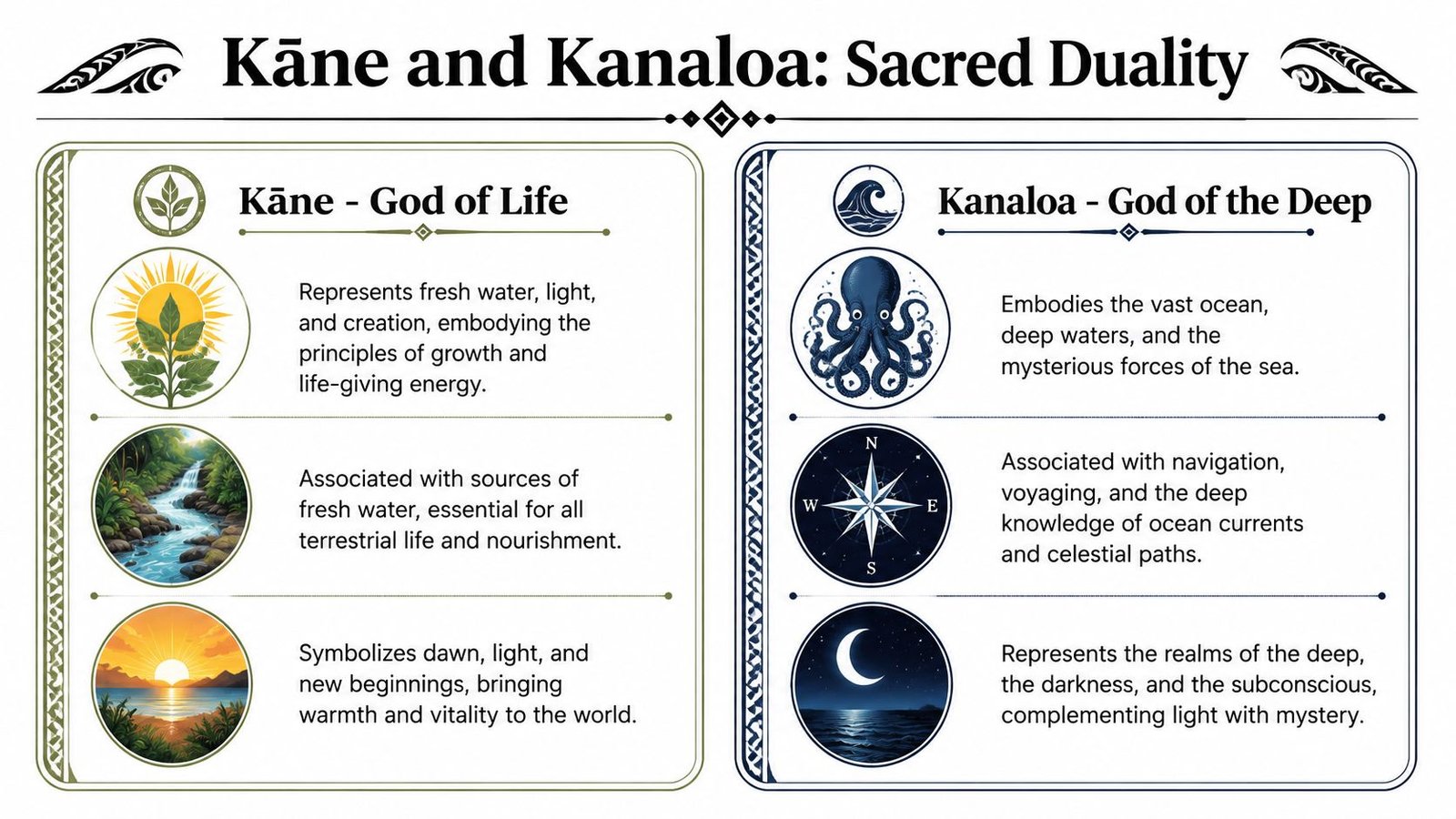 An educational infographic comparing the Hawaiian gods Kane and Kanaloa and their symbolic representations of sacred duality.