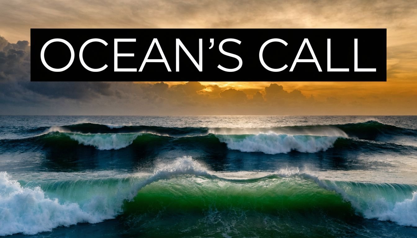 Powerful ocean waves cresting under a dramatic sunset sky with the text Ocean's Call overlaid.