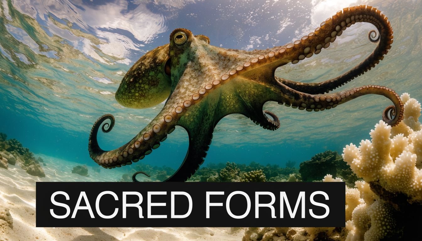 A majestic octopus swims through clear blue tropical waters near a vibrant coral reef in Hawaii.
