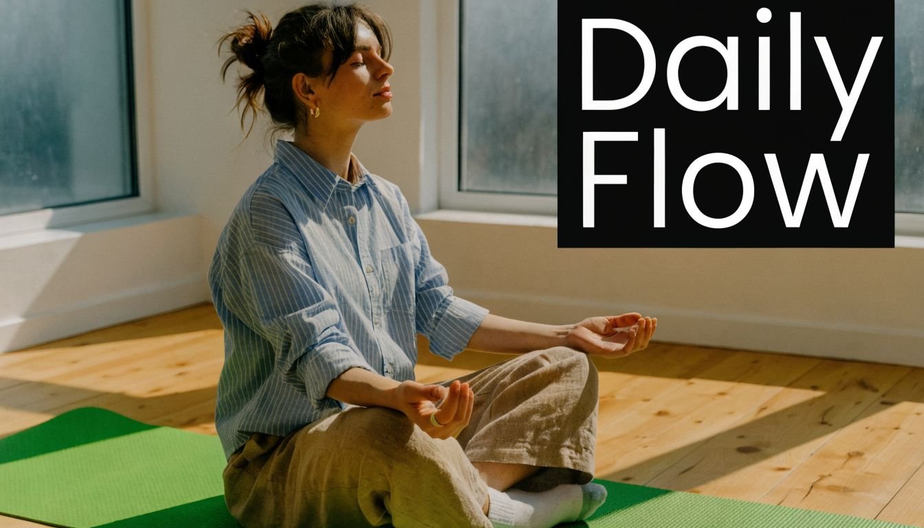 A woman with her eyes closed in a meditation pose on a green mat by a window.