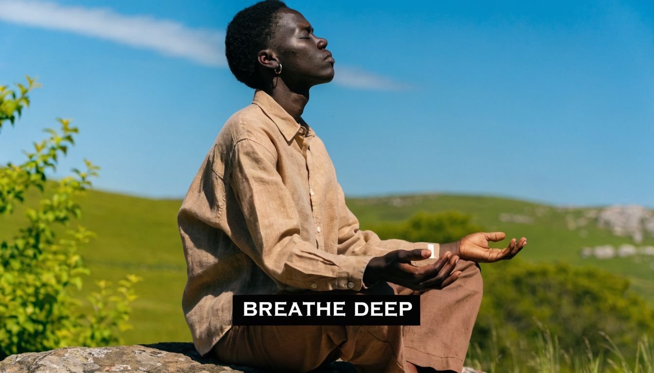 A person sitting on a rock in a peaceful outdoor setting, practicing meditation with eyes closed.