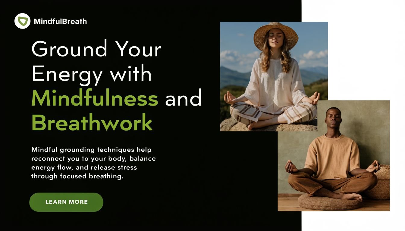 A woman and a man meditating in nature, promoting mindfulness and breathwork techniques for stress reduction.