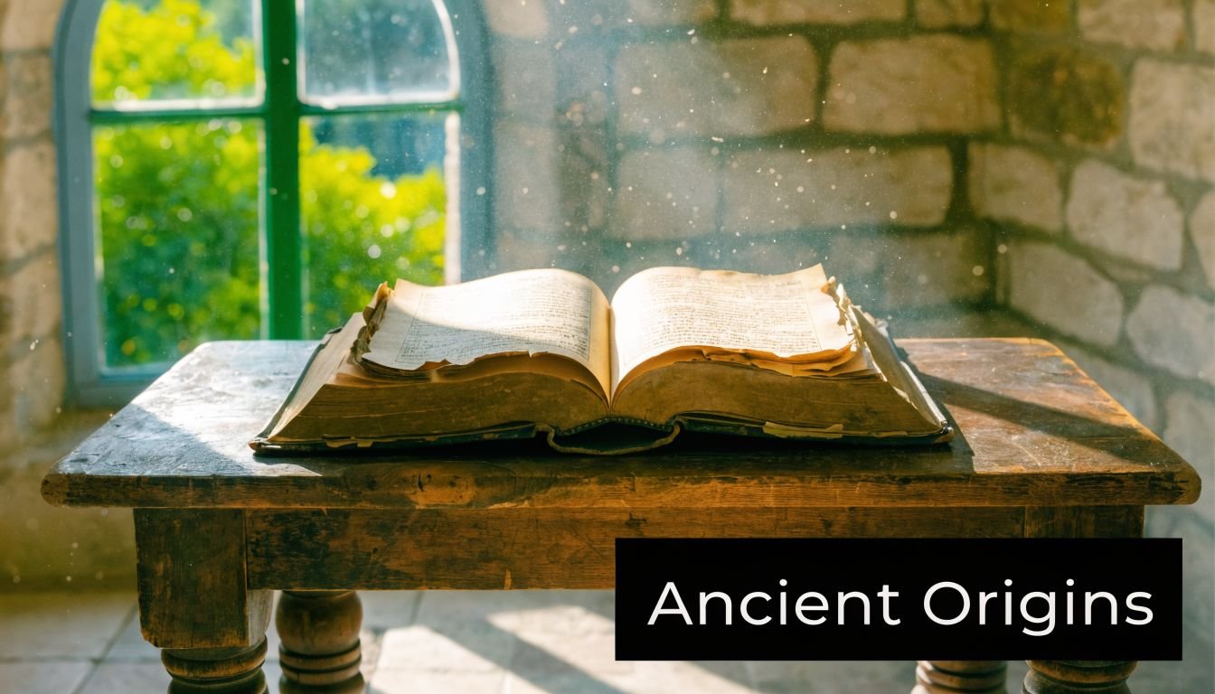 An antique open book resting on a wooden table beside a window with sunlight streaming in.