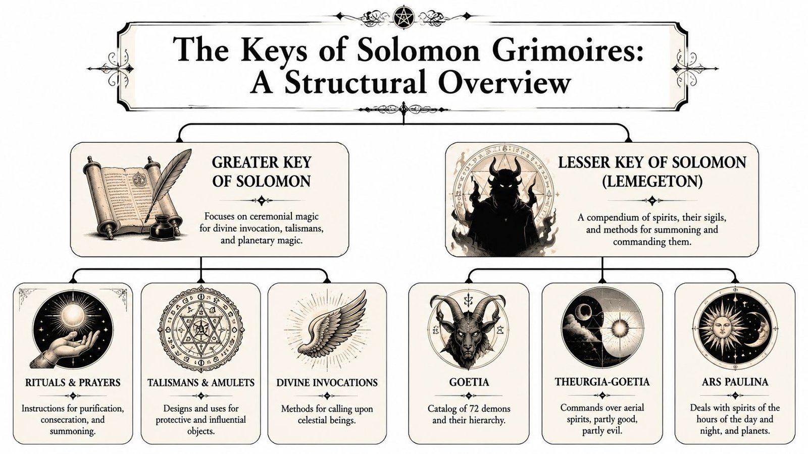 A structured flowchart diagram illustrating the hierarchy and contents of the Greater and Lesser Key of Solomon grimoires.