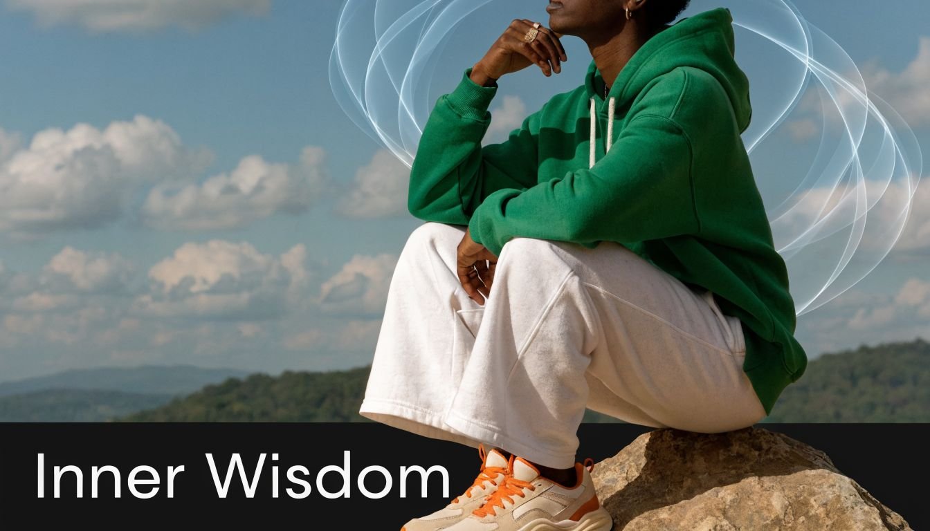 A thoughtful person sits on a mountain rock, wearing a green hoodie and white sweatpants, contemplating inner wisdom.