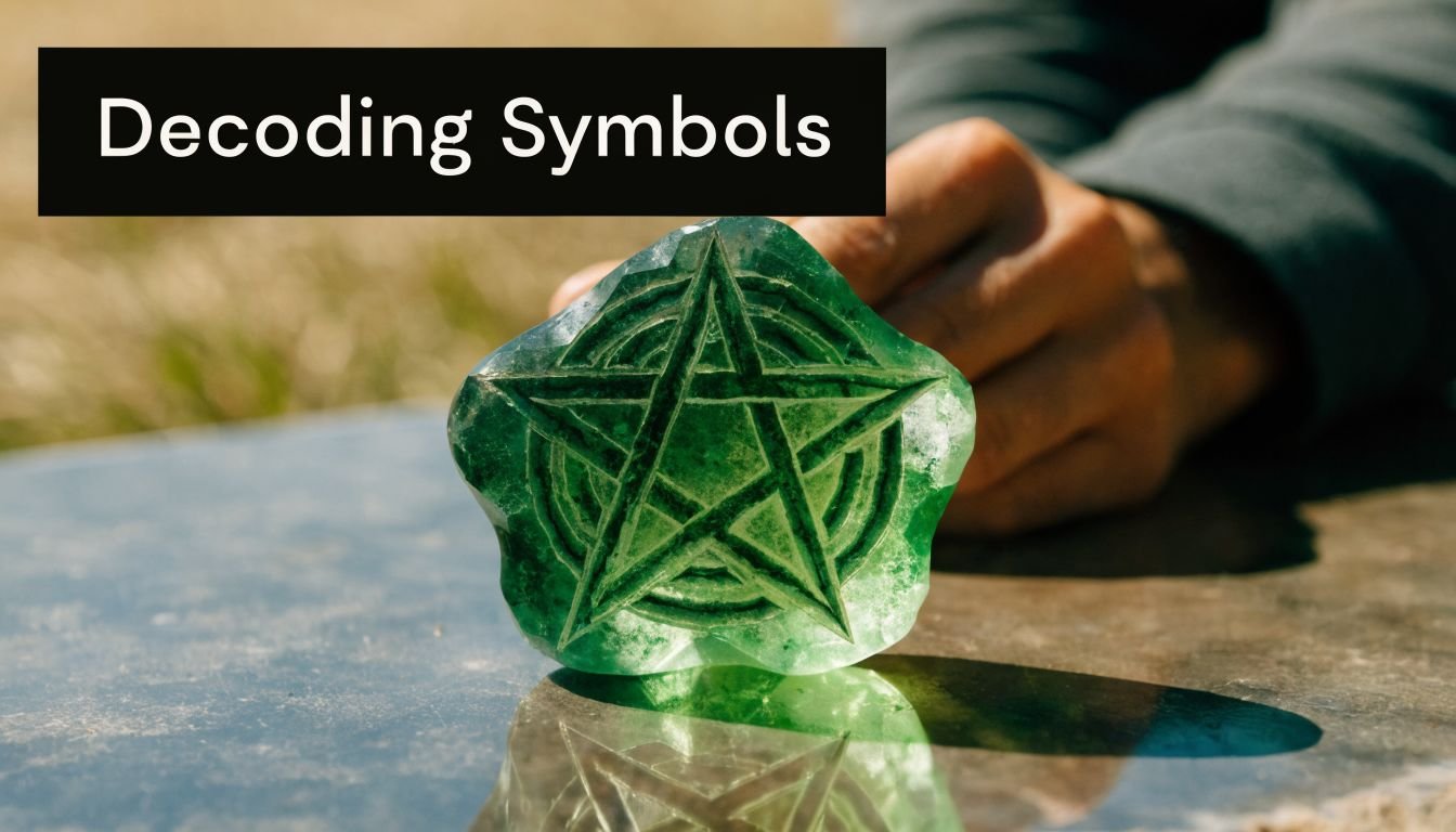 A close-up view of a green crystal stone featuring an engraved pentagram symbol held by a person.