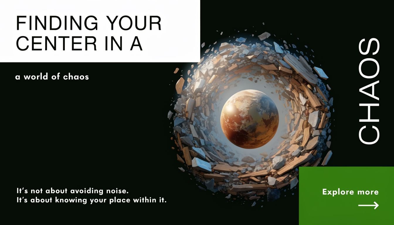 A floating globe centered within a swirling vortex of debris, symbolizing finding inner peace amidst chaotic environments.