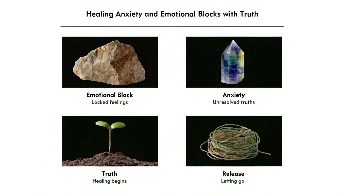 An infographic representing emotional healing with symbols for emotional block, anxiety, truth, and release.
